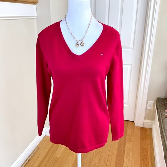 Tommy Hilfiger Sweater Women’s Red Cotton V-Neck Long Sleeves with Logo (M) - Picture 1 of 6